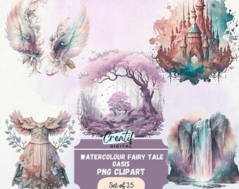 Digital Clipart Illustration Set, Fairy tale Oasis, PNG Printable Watercolor, Castles, Waterfall, Forest, Scrapbook, Digi Kit, Card Making