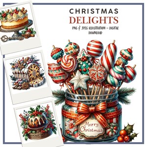 Clipart numérique hiver, desserts de Noël, illustrations de bonbons pour le scrapbooking, fabrication de cartes, journaux indésirables, JPEG, PNG, créations manuelles en papier