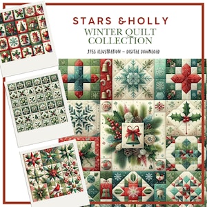 Étoiles de Noël numériques et courtepointes de houx, illustrations sur papier pour le scrapbooking, fabrication de cartes, carnets de voyage d'hiver, JPEG, travaux manuels en papier à faire soi-même