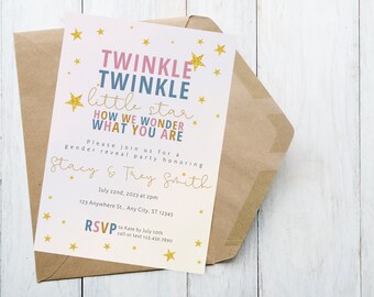 May include: A pink and blue gender reveal party invitation with gold glitter stars and the text "Twinkle Twinkle little star How we wonder what you are". The invitation includes the names "Stacy & Trey Smith" and the date "July 22nd, 2023 at 2pm".