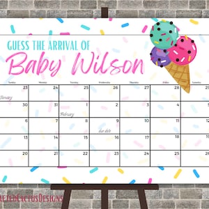Bearbeitbarer Sprenkel, Babyparty Errate die Ankunft des Babys, Fälligkeitsdatumskalender, Design 2312