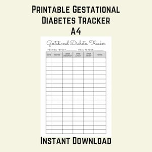 Könnte beinhalten: Ein druckbarer Schwangerschaftsdiabetes-Tracker in Schwarzweiß auf weißem Hintergrund. Der Tracker hat Spalten für Datum, Fasten, nach dem Frühstück, nach dem Mittagessen, nach dem Abendessen und Notizen. Der Text "Gestational Diabetes Tracker" befindet sich oben auf der Seite. Der Text "FASTING TARGET" und "MEAL TARGET" befindet sich oben auf der Seite. Der Text "INSTANT DOWNLOAD" befindet sich unten auf der Seite.