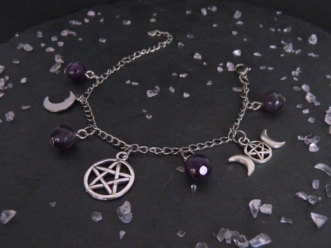 Witchy Charm Bracelet With Amethyst Moon and Pentagram Goth Alternative ...