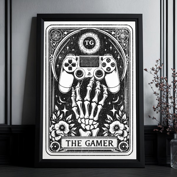 Kunstdruck Tarot Karte "The Gamer" | High Quality Print | Skeleton Hand | Goth Wall Art | Gift For Gamers, Goth People | Occult Art