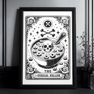 Impression d'art de la carte de tarot « Le tueur de céréales » | Impression haute qualité | Fans de romans policiers | True Crime | Décoration murale gothique | Cadeau amusant | Jeux de mots