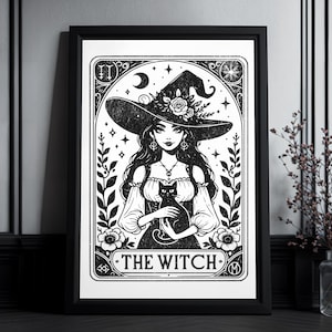 Impression d'art de carte de tarot « La Sorcière » | Impression haute qualité | Sorcière avec chat | Décoration murale gothique | Cadeau pour sorcières et personnes gothiques | Art occulte