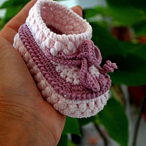 Pink sports soft sneakers for girls Crochet shoes for babies gift for a newborn baby. Comfortable stylish handmade shoes.