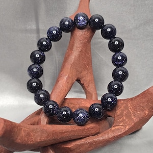 10mm Blue Sandstone Stretch Bracelet Midnight Sparkle Elastic Gemstone Bracelet Starry Night Crystal Jewelry | Handmade Gift for Her or Him