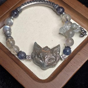 Carved Labradorite Fox Face Mask Half Bangle, Bloodshot Kyanite, Moonstone, Iolite, Tibetan Silver