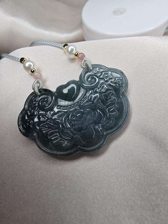 Hand-Carved Water Blue Jade Jadeite Pendant Necklace | Adjustable Nylon Cord | Unique Jade Jewelry Gift for Him & Her