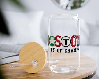 Vintage Boston Sports Sipper Glass, Boston City of Champs Cup, Boston Bruins, Celtics, Red Sox, Patriots 16 oz Glass Cup