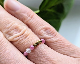 Shades of PINK Tourmaline Ring + Bracelet, set of beaded jewelry, homemade real stone, Gemstone set