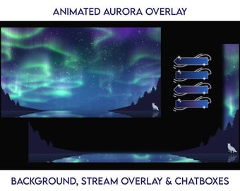 Conjunto completo de superposición de transmisión de Twitch con auroras boreales animadas y zorro blanco