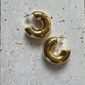 Chunky gold hoop earrings. Super chunky gold hoop earrings. Tubular gold hoop earrings, gold plated earrings, thick lightweight gold hoop earrings