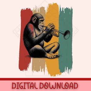 Puede incluir: Una ilustración de estilo vintage de un chimpancé tocando la trompeta. La imagen está sobre un fondo de tres franjas verticales en rojo, amarillo y verde.