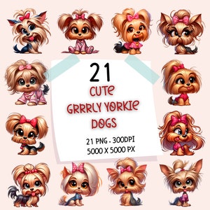 Cute Cartoon Girl Yorkie Dogs PNG Bundle - 21 uroczych ilustracji psów Yorkie, zestaw do pobrania cyfrowego Yorkshire Terrier Gift Sublimation
