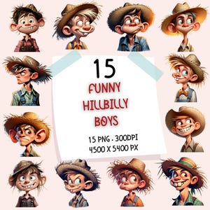 15 Cartoon Hillbilly Boy Clipart Bundle Funny Redneck PNG, Digital Download Gift, Sublimation Printable Illustration Set Pack Southern Lover