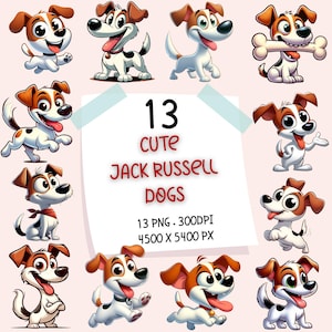 13 Cute Cartoon Jack Russell Dogs Digital Download, Dog Lover PNG Bundle, Sublimation Printable, Clipart Illustration Set Pack Mom Dad Gift