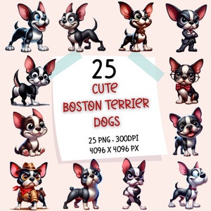 Cute Boston Terrier Instant Digital Download: 25 Cartoon Dog PNG Files Bundle, Clipart Sublimation Illustration Set Pack Mom Dad Gift Lover
