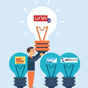 May include: A person holding a light bulb with the text "UNA.md" on it. The light bulb is above three other light bulbs, each with a different logo: "1C Фирма "1С"", "SAP", and "NETSUITE".