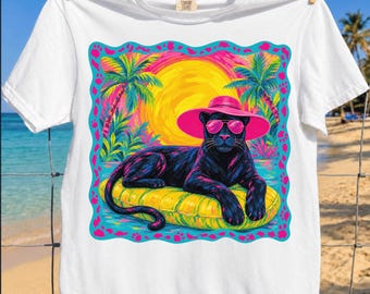 Preppy Summer Panther PNG Viral Retro Girly Beach Tee Sublimation Design Colorful Summer Vibes Yellow Pool Float Tropical Pink Hat Glasses