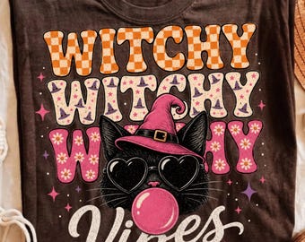 Witchy Vibes PNG, Pink Halloween Cat, Summerween Retro Sublimation, Groovy Feline Witch Shirt Design
