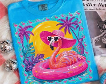 Preppy Summer Flamingo PNG Viral Retro Girly Beach Tee Sublimation Design Colorful Summer Vibes Neon Pool Float Tropical Pink Hat Sunglasses