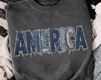 Faux Patchwork America PNG, conception de sublimation de texte en jean bleu surpiqué en denim, graphique de chemise western patriotique rétro du 4 juillet