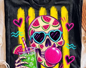 Summerween Watermelon Skull PNG | Tropical Halloween Sublimation Design | Retro Spooky Summer Graphic | Heart Glasses Skeleton DTF File
