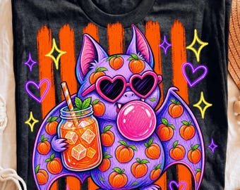 Retro sommarfladdermus PNG | Persika Halloween sublimeringsdesign | Spöklik sommarfladdermusskjortagrafik | Hjärtformad solglasögonfladdermus DTF-fil