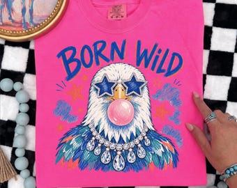 Preppy patriotique aigle PNG, né sauvage rétro 4 juillet Sublimation Design, Bubblegum pygargue à tête blanche Clipart, graphique chemise Glam USA 4 juillet