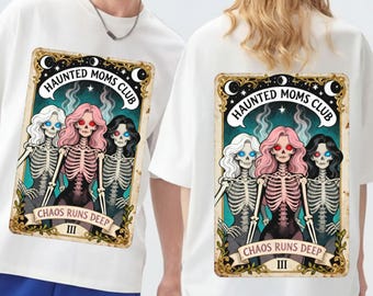 Carte de tarot du club des mamans hantées PNG, Witchy Chaos Runs Sublimation profonde, graphique drôle chemise mère squelette, tête de mort maman Clipart