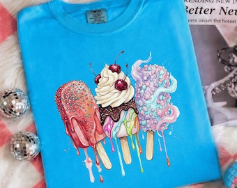 Aquarelle de crème glacée popsicle PNG, Design lunatique de sublimation de Dessert d'été, mignon arc-en-ciel goutte à goutte saupoudre de cerises graphique de Tshirt