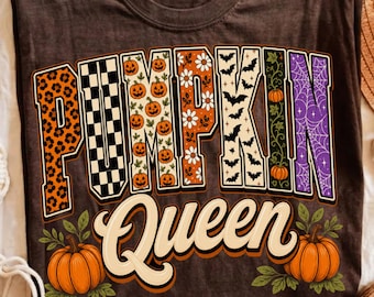 Pumpkin Queen PNG, Halloween Shirt Design, Retro Fall Sublimation Design, Preppy Spooky Season PNG, Trendy Girly Pumpkin Tee, DTF Printable