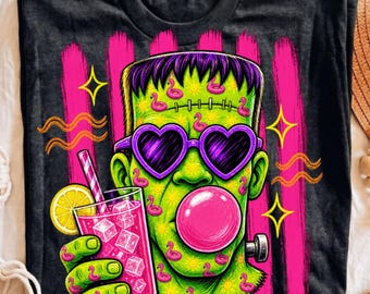 Summerween Frankenstein PNG | Tropical Halloween Sublimation Design | Retro Spooky Summer Graphic | Pink Heart Glasses Monster DTF File