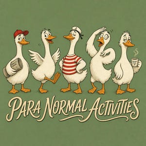 May include: A cartoon illustration of five white geese on a green background. One wears a red cap and holds a newspaper titled Daily Honk, one wears a red and white striped shirt and sailor hat, and one holds a mug labeled Honk Fuel. Text reads Para Normal Activities.