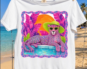 Preppy Summer Leopard PNG Viral Retro Girly Beach Tee Sublimation Design Cute Colorful Summer Vibes Poolside Tropical Green Hat Sunglasses