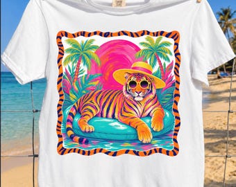 Preppy Summer Tiger PNG Viral Retro Girly Beach Tee Sublimation Design Colorful Summer Vibes Neon Pool Float Tropical Sun Hat Sunglasses