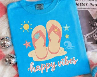 Happy Vibes Summer PNG, joli design en sublimation de plage de tongs, soleil pastel étoiles de mer des cliparts, graphique chemise tropicale minimaliste