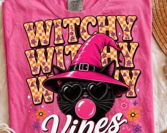 Witchy Vibes PNG, Pink Halloween Cat, Summerween Retro Sublimation, Groovy Feline Witch Shirt Design