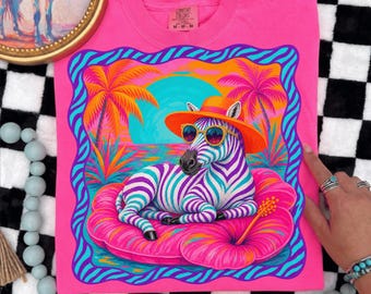 Preppy Summer Zebra PNG Viral Retro Girly Beach Tee Sublimation Design Colorful Summer Vibes Hibiscus Pool Float Tropical Orange Hat Glasses