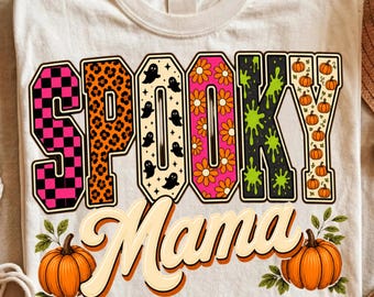 Spooky Mama PNG, Halloween Shirt Design, Retro Fall Sublimation Graphic, Preppy Autumn Season Artwork, Trendy Girly Witchy Tee