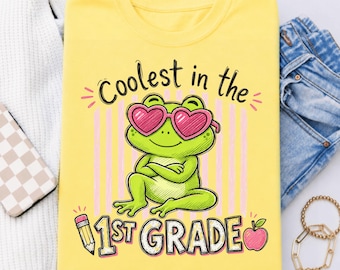 Le plus cool en PNG, rétro rentrée scolaire en sublimation grenouille, drôle d'animal premier jour d'école chemise graphique, clipart enseignant
