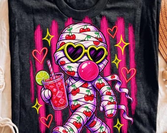 Summerween Mummy PNG Cherry Mummy Shirt Design Pink Halloween Sublimation Trendy Clipart