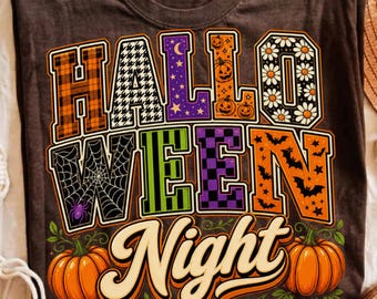 Halloween Night PNG, October Shirt Design, Retro Fall Sublimation Graphic, Preppy Autumn Season Artwork, Trendy Girly Spooky Tee