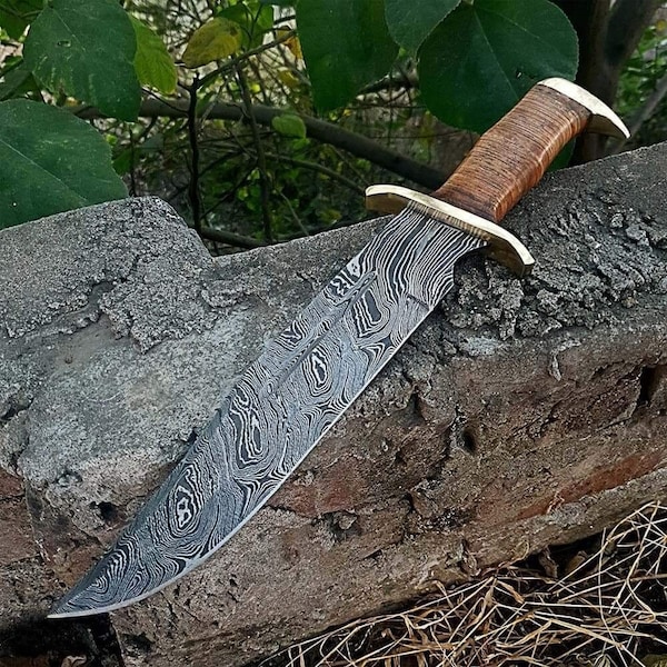 Bowie Knife With Sheath 18 Inch Damascus Steel Bowie Knife - Razor Sharp Custom Bowie Knife For Men - Gift For Men Damascus Knife