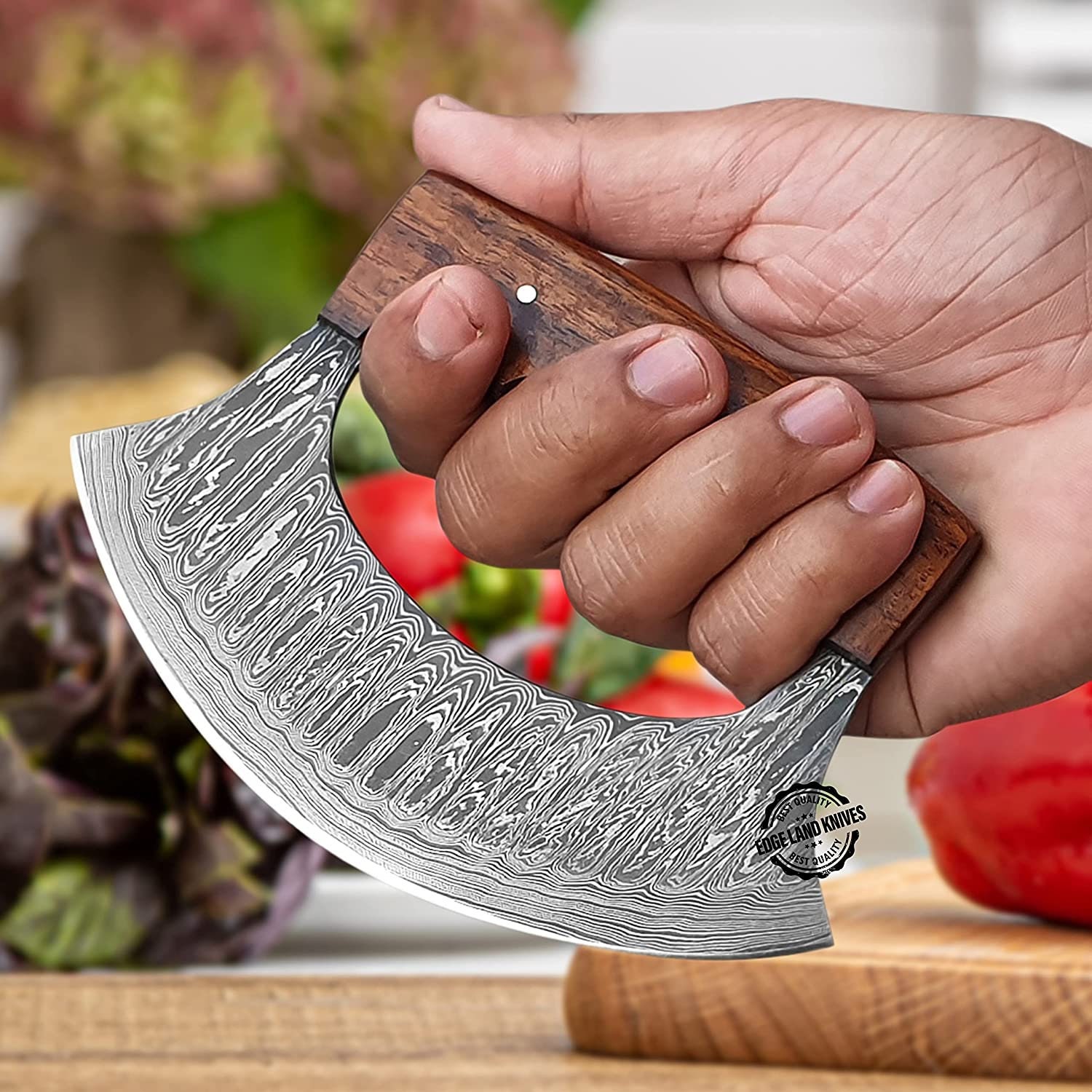 One Handed Rocker Damascus Ulu Knife With Sheath, Rocker Knife for One