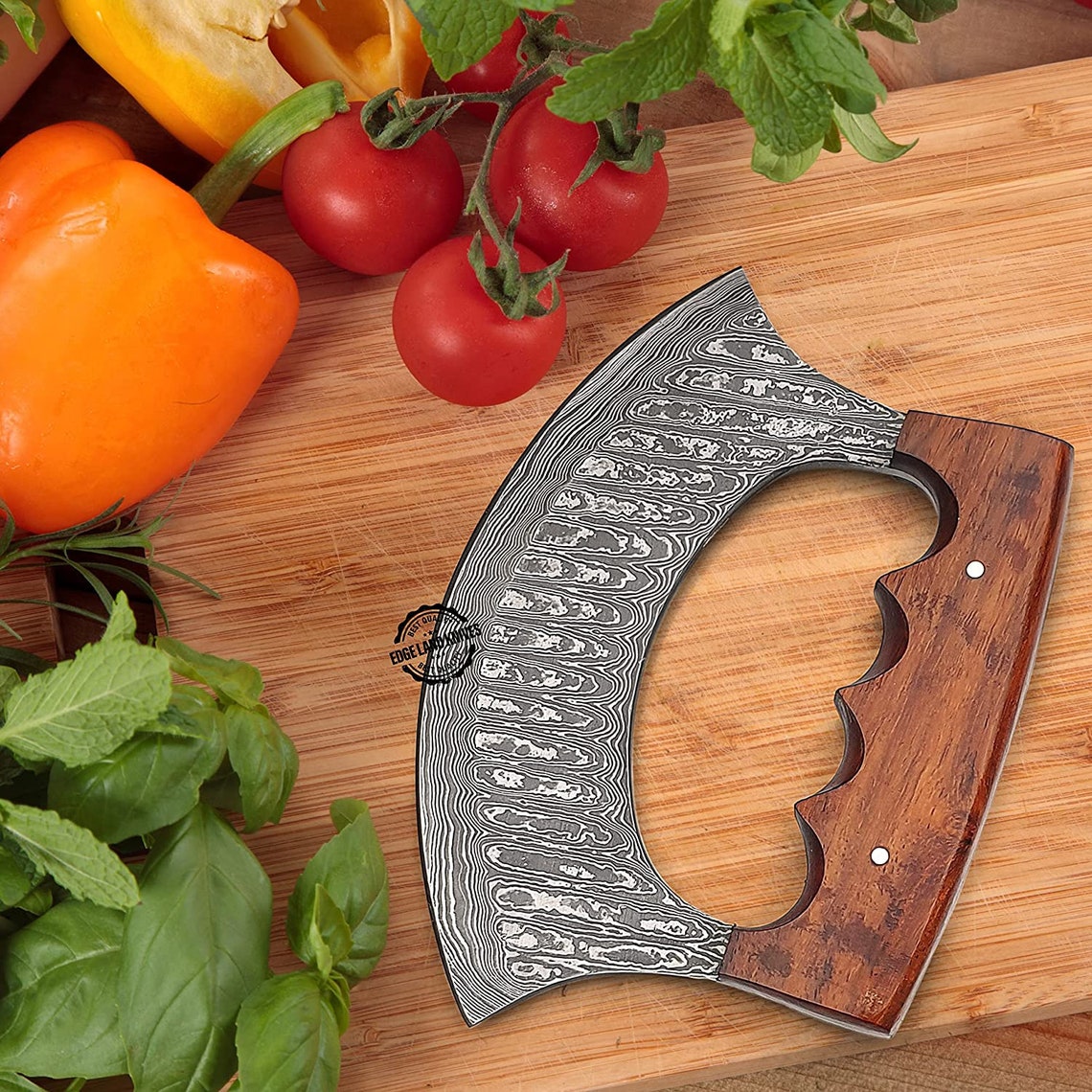 One Handed Rocker Damascus Ulu Knife With Sheath, Rocker Knife for One