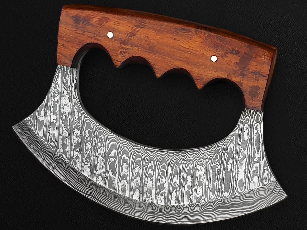 One Handed Rocker Damascus Ulu Knife With Sheath, Rocker Knife for One