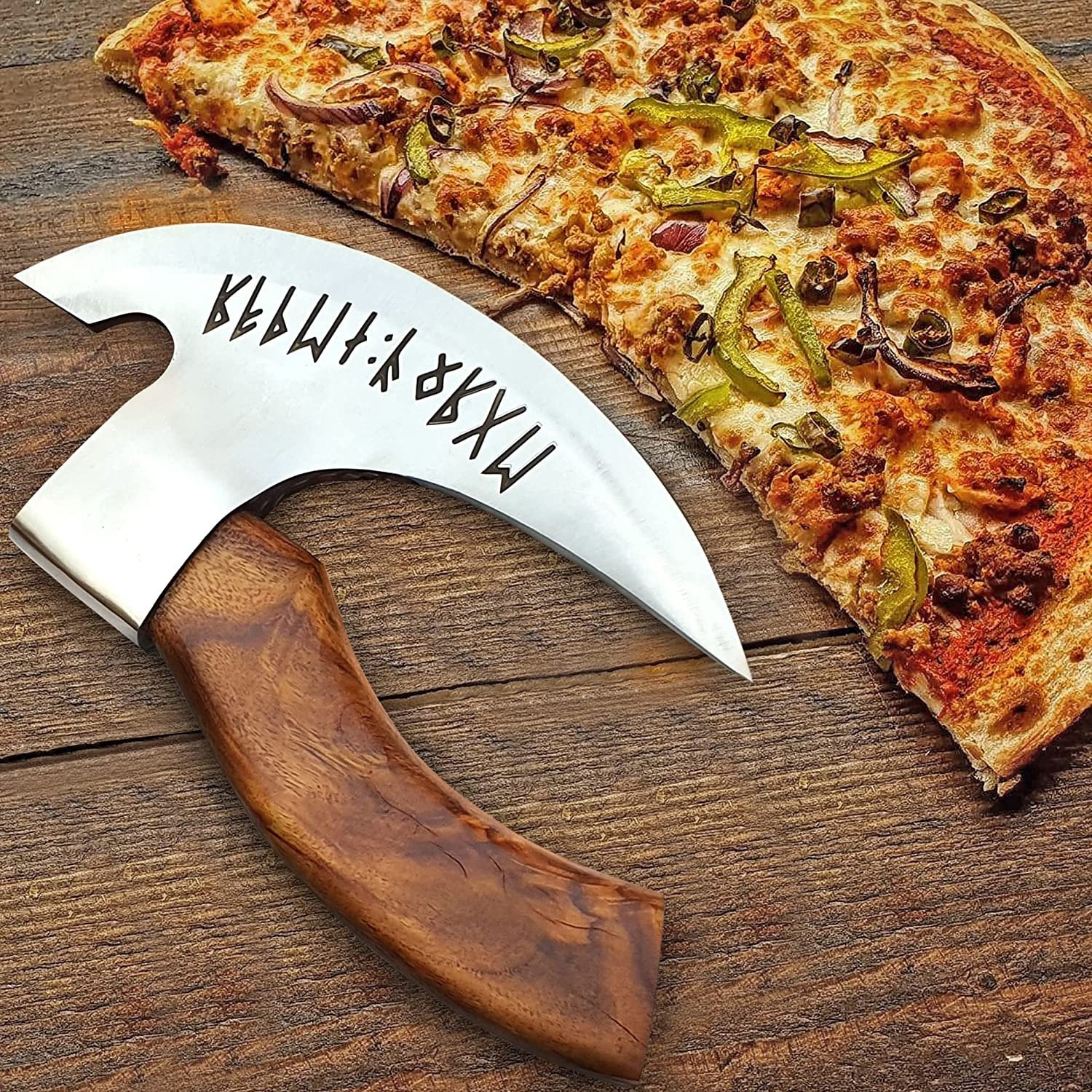 2023 Brand New Solid Creative Wooden Handle Kitchen Tools Small Viking Axe  With Sheath Multi Purpose Stainless Steel Anti Pizza Knife Hot 20%off